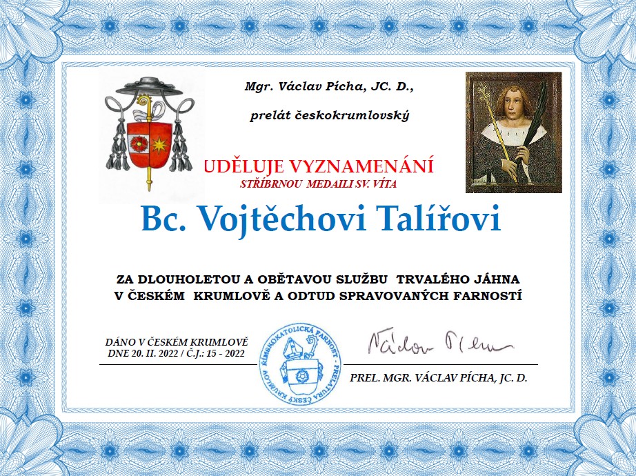 Bc. Vojtěch Talíř získal stříbrnou medaili sv. Víta